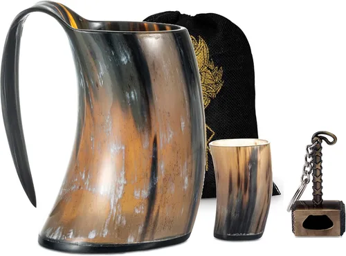 FENRIR Taza de cuerno vikingo de 16 onzas – Regalos para hombres, papá, esposo – Regalo único vikingo – Jarra de cuerno de buey real 100% hecha a