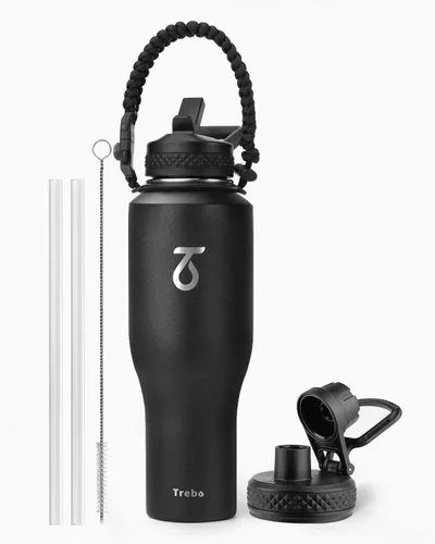 Miniatura 11 de Trebo Botella de agua de 40 onzas con aislamiento que cabe en portavasos de automóvil con asa, botellas de agua de acero inoxidable vaso con tapas