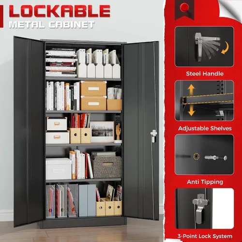 Miniatura 8 de Pataku Armario de almacenamiento de metal con cerradura, gabinete de garaje negro de 71 pulgadas de alto con 2 puertas y 4 estantes ajustables