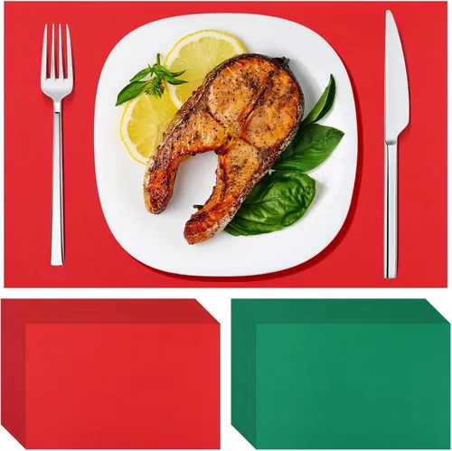 Yeaqee 100 manteles individuales desechables de papel, manteles individuales rectangulares de Navidad verde y rojo para fiestas, 11 x 17 pulgadas,