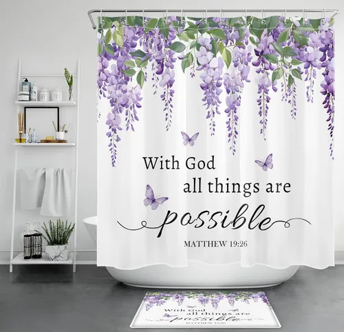 Miniatura 33 de LB Cortina de ducha de hortensias azules para baño, cortina de ducha rústica de girasol amarillo botánico y lavanda púrpura con ganchos, cortina