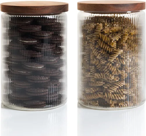 Miniatura 10 de Mason & Fable Tarro de vidrio acanalado, apilable y hermético, tapa de madera, recipiente de almacenamiento para galletas, golosinas, té o azúcar