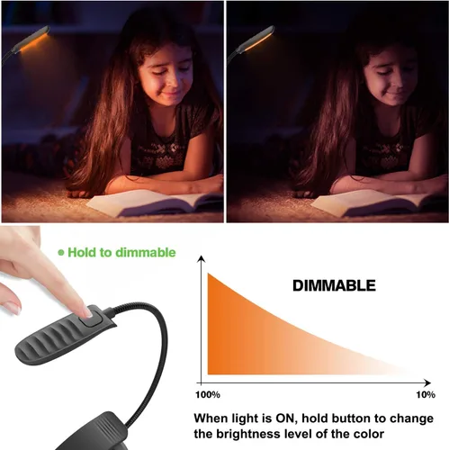 Miniatura 3 de BIGMONAT Luz LED de lectura de libros, luz nocturna de libro ámbar recargable, cuello flexible portátil, USB, brillo ajustable, reduce la fatiga 1