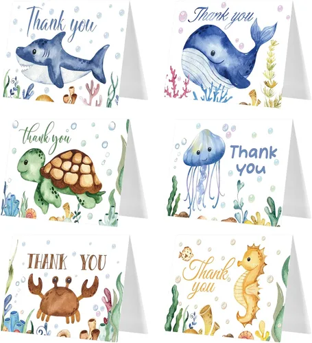Harloon 24 juegos de tarjetas de agradecimiento bajo el mar con sobres, ballena, tiburón y tortuga, notas de agradecimiento de acuarela oceánica,