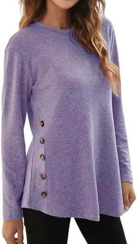 Miniatura 3 de Camiseta de manga larga de gran tamaño para mujer, con botones laterales, cuello redondo