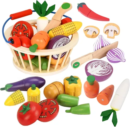 Juguetes vegetales de madera para niños, juego de comida de juego de simulación para niños, juguete de cocina de corte magnético con canasta de