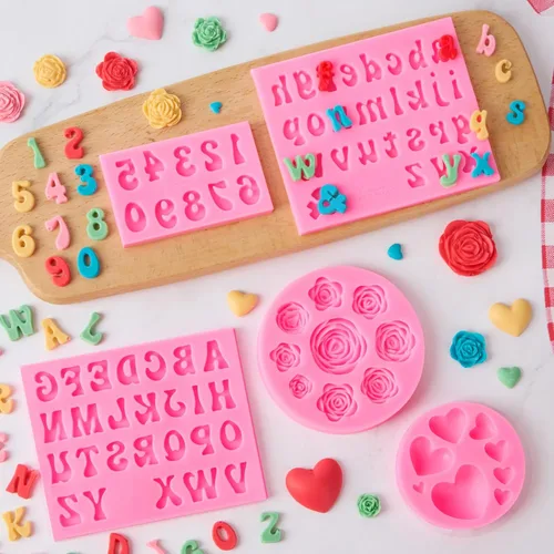 Miniatura 5 de Moldes de silicona de letras para chocolate, 5 piezas de moldes de números y letras en forma de corazón de rosa, moldes de fondant para caramelos