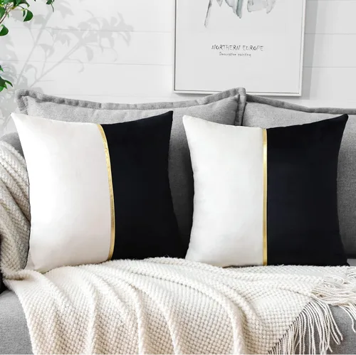 Miniatura 2 de OTOSTAR Fundas de almohada de terciopelo negro y blanco con parche de cuero dorado, lujo moderno minimalista, fundas de cojín cuadradas para sala