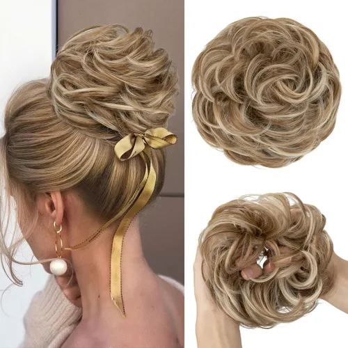 Miniatura 20 de CJL HAIR Extensiones de cabello sintético de moño desordenado, ondulado, rizado, grueso, para coleta, para mujer (rubio blanco)