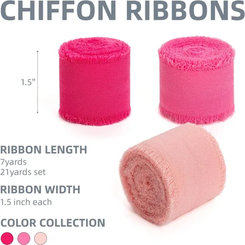 Miniatura 2 de KEOSREE - Cinta de gasa de chifón hecha a mano en rosa pastel y rosa brillante, de 1.5 pulgadas x 21 yardas, con bordes deshilachados de seda