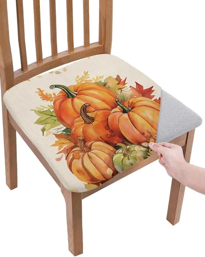 LiDU Juego de 4 fundas de asiento de otoño de calabazas naranjas para sillas de comedor, fundas protectoras para sillas de Acción de Gracias, fundas