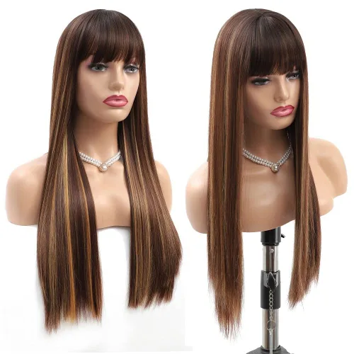 Miniatura 5 de Pelucas rubias con reflejos para mujer, peluca larga y lacia con flequillo, cabello Remy suave y sedoso, resistente al calor, pelucas de fibra