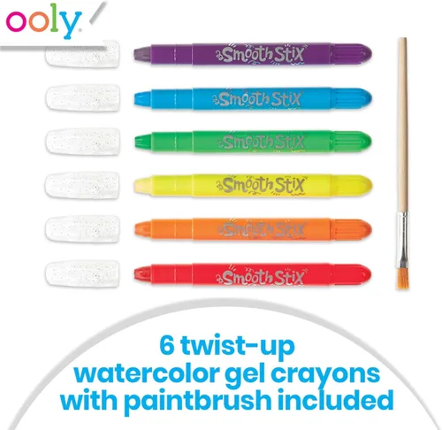 Miniatura 2 de Ooly Smooth Stix - Crayones de gel para niños y adultos con pincel, juego de 6 colores arcoíris de acuarela para vidrio y papel con estuche, juego
