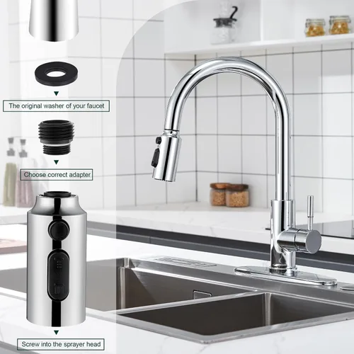 Miniatura 6 de Cabezal de repuesto extraíble para grifo, cabezal rociador de 3 funciones para grifo de cocina, cabezal de grifo de fregadero cromado con 15 Cromo