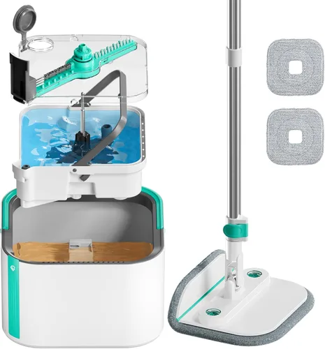 Miniatura 16 de Juego de trapeador giratorio y cubeta con 2 almohadillas de trapeador de microfibra reemplazables con sistema de separación automática de agua sucia
