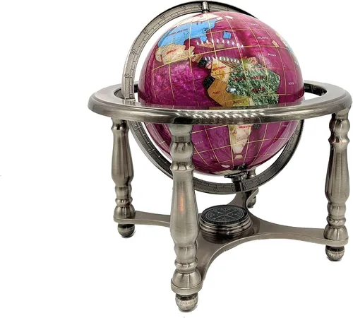 Miniatura 2 de Unique Art - Tablero de mesa de 10 pulgadas de alto, globo del mundo con piedras preciosas del océano con soporte de aleación de zinc de 4 patas