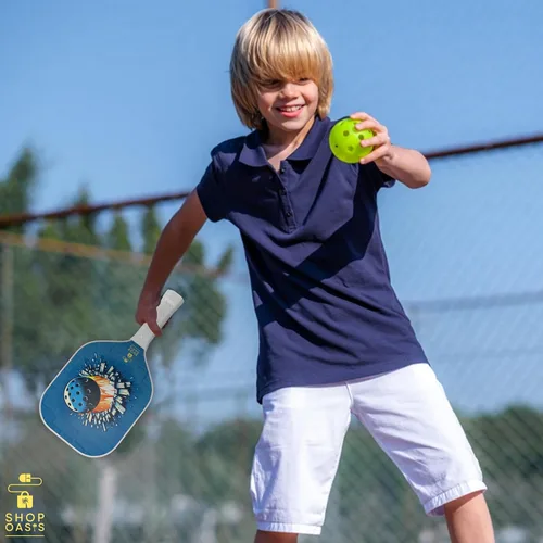 Miniatura 7 de Palas de pickleball para niños (juego de 2), paletas de tamaño infantil (a partir de 6 años), núcleo de panal ligero, cara de golpe de fibra de Azul