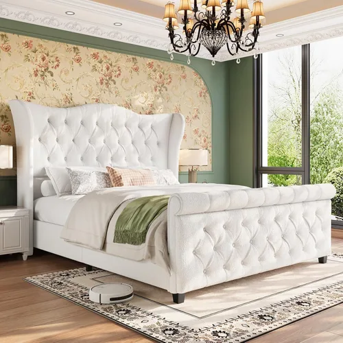 Miniatura 9 de koorlian Base de cama Queen, cama tapizada en terciopelo con cabecero y estribo con alas de voluta, cama moderna de lujo y suave con botones, fácil