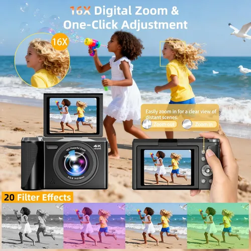 Miniatura 4 de Cámara digital 4K para fotografía, cámara de enfoque automático de 56 MP con pantalla abatible de 180° de 3 pulgadas, cámara compacta de viaje