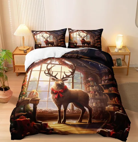 Miniatura 37 de Herside Juego de funda de edredón de Navidad, tamaño Queen, colorido patrón navideño impreso, bonita decoración navideña, microfibra suave, funda