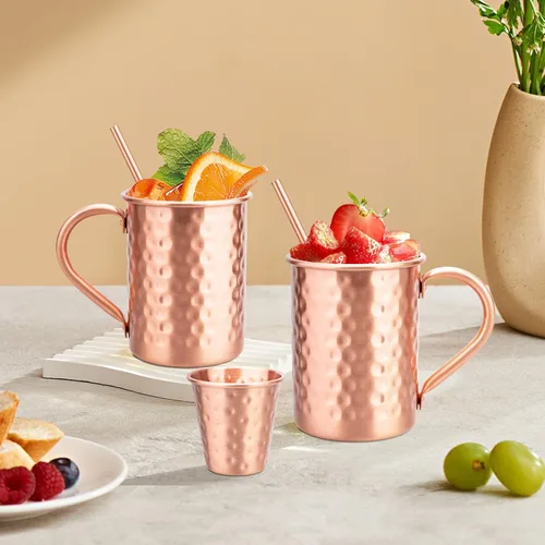 Miniatura 9 de Juego de 2 tazas de cobre 100% puro, tazas Moscow Mule con pajitas de cobre y jigger - Taza para beber en frío, taza martillada a mano, regalos