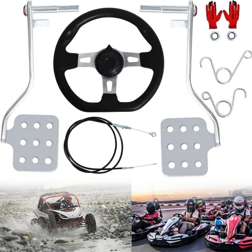 Kit de pedales de freno y acelerador con cable de 71 pulgadas, resortes de retorno y volante de 10.630 in, se adapta a Road Rocket de 196 cc 6.5 HP,