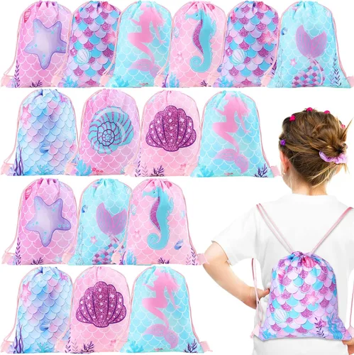 Honoson 28 bolsas de regalo de fiesta de sirena para niños, con temática de sirena, con cordón, bolsas de regalo bajo el mar, bolsas de regalo para