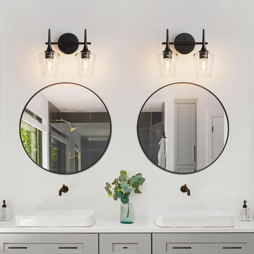 Miniatura 8 de Luz de Tocador Negra de 2 Luces Estilo Granja Moderno Lámpara de Baño con Pantallas en Forma de Copa de Vino para Espejo de 16 Pulgadas, Aplique