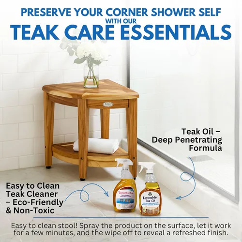 Miniatura 7 de EcoDecors Organizador de esquina de teca para ducha de 18 pulgadas, organizador de almacenamiento de madera impermeable con estante integrado