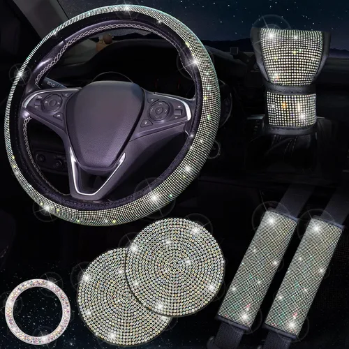 ToBeQueen Juego de fundas para volante brillantes de 15 pulgadas, paquete de 7 piezas con accesorios de diamantes de imitación y cristales para