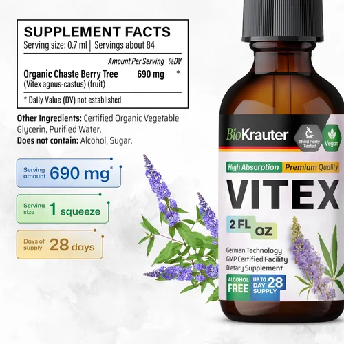 Miniatura 4 de BIO KRAUTER Vitex Chasteberry Suplemento para mujeres y apoyo para la menopausia* – 2 onzas líquidas 28 días de suministro – Tintura de bayas Vitex