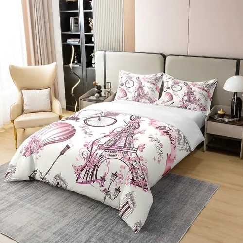 Miniatura 3 de Juego de funda de edredón de 100 % algodón natural con diseño de la Torre Eiffel para parejas, juego de ropa de cama floral rosa, funda de edredón