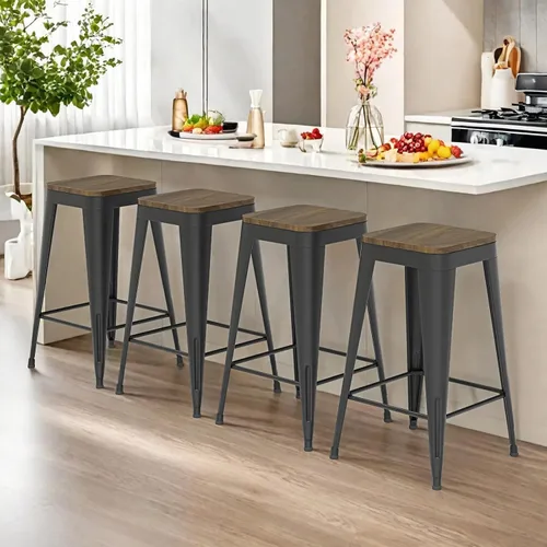 Miniatura 25 de Juego de 4 taburetes de bar de metal, taburetes de bar con respaldo alto con asiento de madera, taburetes de bar negros de 24 pulgadas para isla