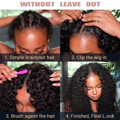 Miniatura 6 de Pelucas de Raya en V Rizadas con Forma de V para Mujeres Negras, Sin Mechas Fuera, Mejora de Raya en U, Sin Pegamento, Peluca Completa con Clip