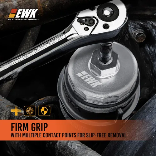 Miniatura 3 de EWK Llave forjada de aluminio de 64 mm para filtro de aceite con manguera de drenaje, herramienta de cambio de aceite de servicio pesado