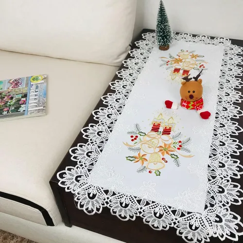 Miniatura 7 de Camino de mesa de Navidad 100% poliéster, bordado de encaje de Navidad, decoraciones de mesa de Navidad de 16 x 52 pulgadas, velas de pascua