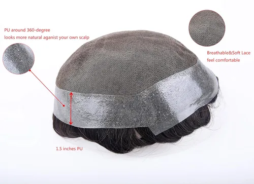 Miniatura 6 de Tupé de cabello humano para hombre, encaje francés con 1.5 pulgadas de poliuretano transparente de 360 grados, 8 x 10 pulgadas, sistema de reemplazo