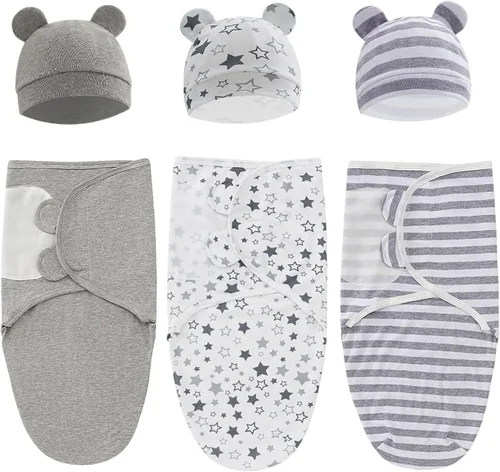 Miniatura 15 de Juego de saco de dormir para bebé con gorro para bebés de 0 a 3 meses, paquete de 3 unidades, algodón suave para recién nacidos, para niñas y niños