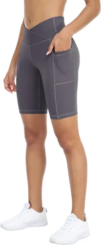 Miniatura 2 de WHOUARE Paquete de 4 pantalones cortos de yoga con bolsillos para mujer, cintura alta, atléticos, correr, entrenamiento, gimnasio, control de abdomen