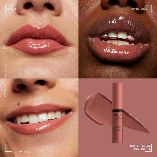 Miniatura 3 de NYX MAQUILLAJE PROFESIONAL Brillo de mantequilla, brillo de labios no pegajoso - Praline (Deep Nude)
