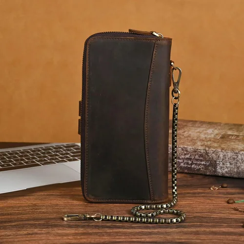 Miniatura 25 de Genuino Caballo Loco Cuero Regalo de Viaje Moneda Bolsillo Tarjetero Organizador Largo Cadena Rfid Cartera Monedero Con Broche Para Hombres Hombres