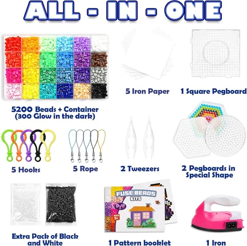 Miniatura 2 de FUNZBO Kit de 5200 cuentas que se funden de 5mm con mini plancha - 24 colores 111 patrones, artes y manualidades navideñas para niñas y niños