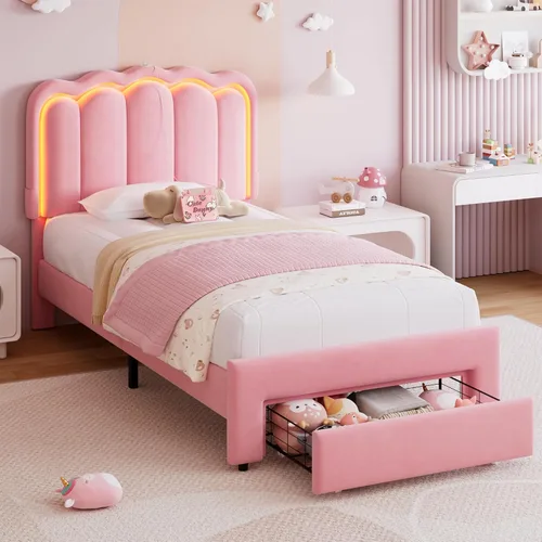 Miniatura 16 de Base de cama LED tapizada tamaño matrimonial con 2 cajones de almacenamiento y cabecera doble ondulada ajustable, cama de plataforma de terciopelo