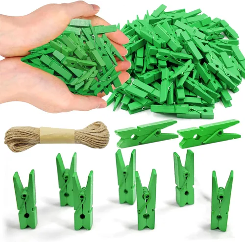 Miniatura 16 de Mini Pinzas de Ropa de 1.35 Pulgadas para Fotos, 100 Piezas con 32 Pies de Cordel de Yute, Mini Pinzas de Ropa para Manualidades, Pequeñas Pinzas