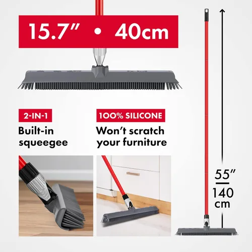 Miniatura 8 de Rastrillo y Rasqueta de Goma de Silicona 2 en 1 – Escoba giratoria para eliminación de pelo de mascotas con 1 mango largo – Cerdas laterales
