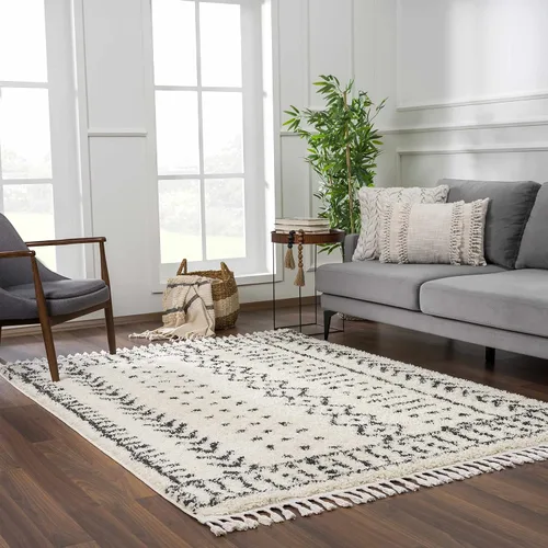 Miniatura 137 de Hauteloom, Duncans - Alfombra de estilo granja de pelo mullido para sala y dormitorio, con borlas - Beige, carbón, gris - 2 pies 7 pulgadas x 7 pies