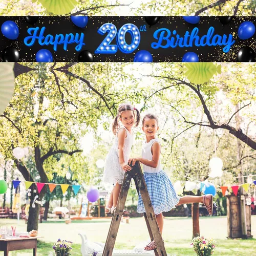 Miniatura 6 de Cartel azul y negro de feliz cumpleaños número 20, decoración temática de globos de confeti para niñas y mujeres, decoraciones de fiesta