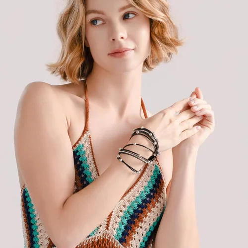 Miniatura 4 de FANCY SHINY Pulsera de cuero con cuentas bohemias, pulseras góticas apilables con cierre magnético