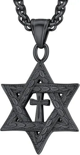 Miniatura 72 de U7 - Collar con Estrella de David para hombres y mujeres, dije hexagonal de acero inoxidable con cruz/piedra de rubí/collares clásicos judíos