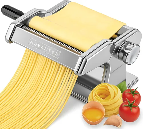 Nuvantee Máquina para hacer pasta con 7 ajustes de grosor ajustables, 2 en 1 para hacer fideos con rodillos y cortador, hacer espaguetis, Plateado